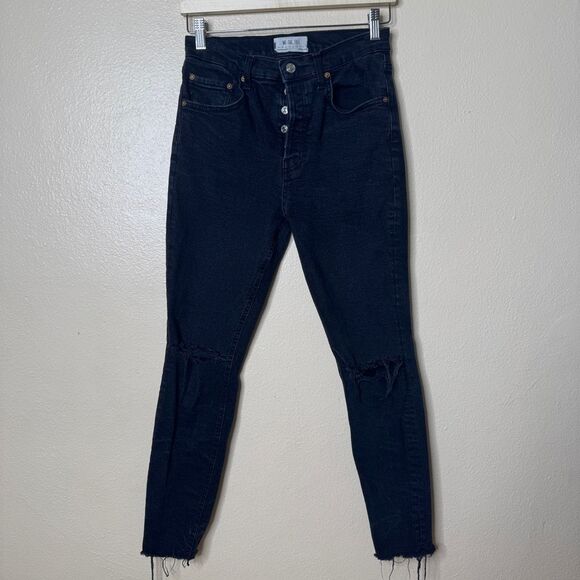 We The Free Jeans Women's 29 Black Button Fly High Waisted Distressed - Picture 1 of 13